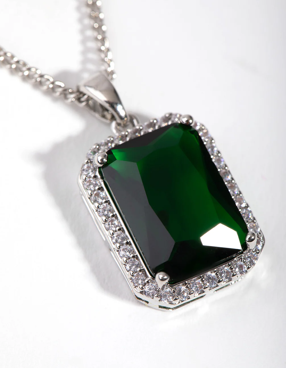 Silver Diamond Simulant Emerald Rectangle Necklace - Image 4