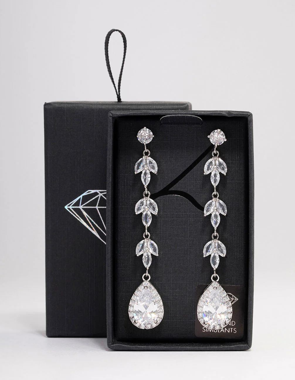 Silver Leaf Halo Pear Drop Earrings - Image 3