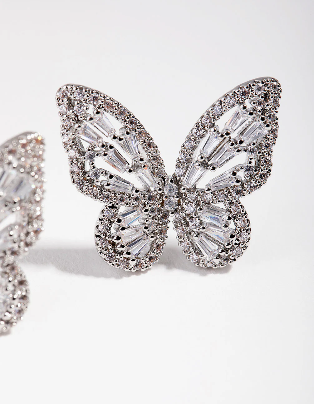 Large Silver Diamond Simulant Butterfly Earrings - Image 2