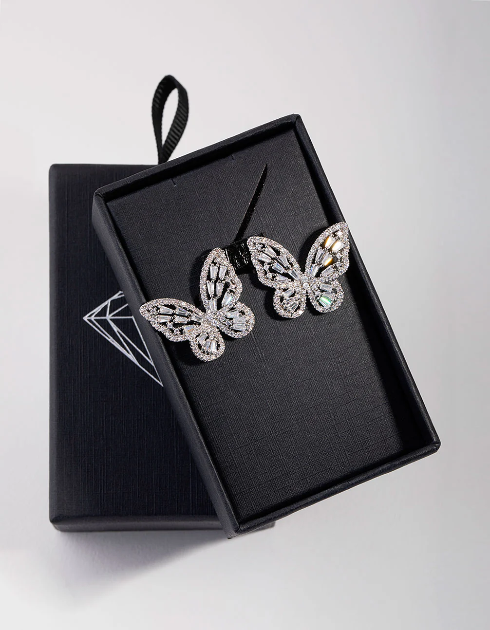 Large Silver Diamond Simulant Butterfly Earrings - Image 3