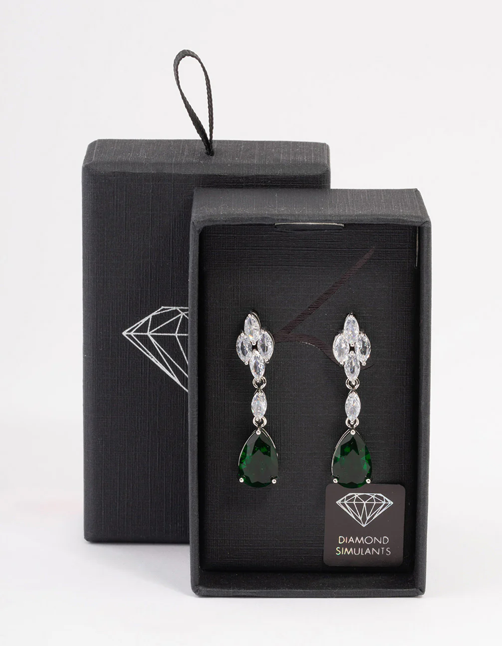 Rhodium Green Pear Drop Diamond Earrings - Image 3