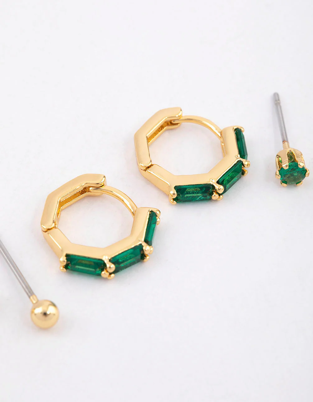 Gold Plated Brass Baguette Huggie Gold Ball Earrings 6-Pack - Image 3