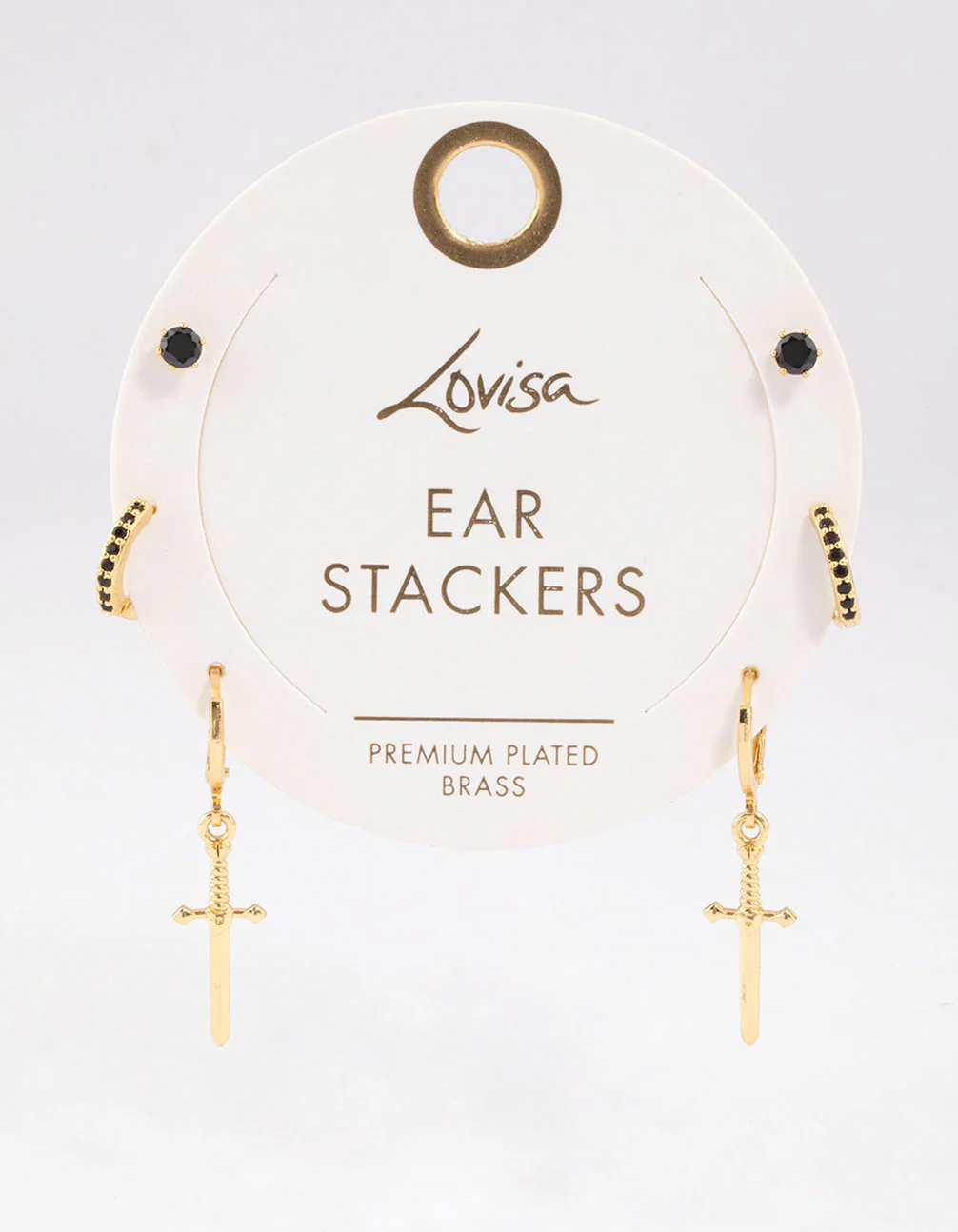 Gold Plated Brass Cubic Zirconia Dagger Huggie Earrings Pack - Image 2