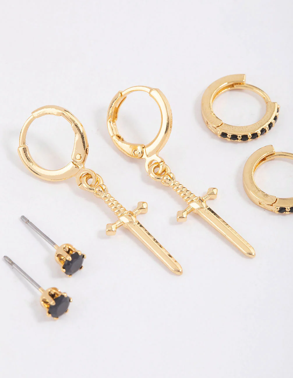 Gold Plated Brass Cubic Zirconia Dagger Huggie Earrings Pack - Image 3