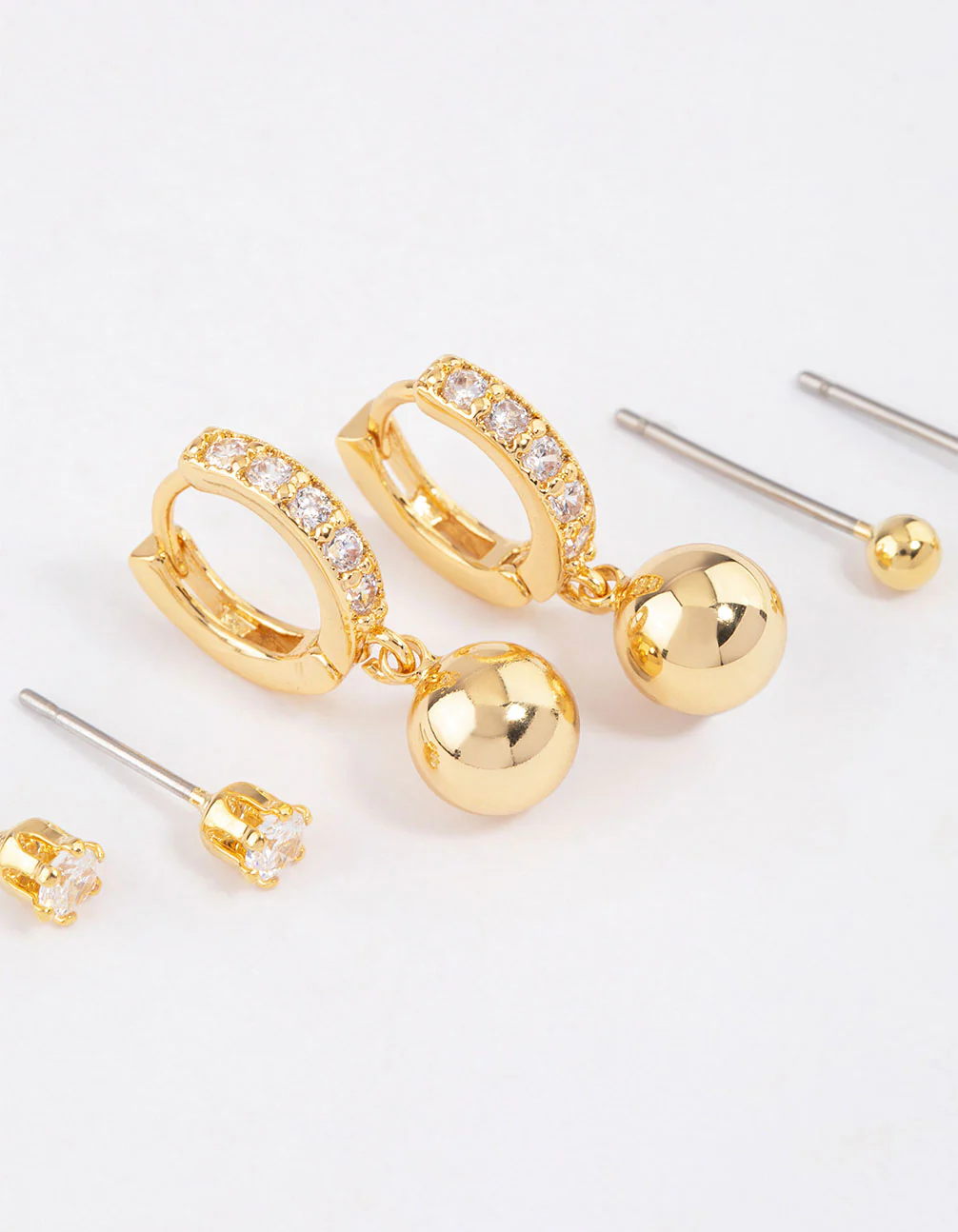 Gold Plated Brass Cubic Zirconia Huggie Ball Earrings 6-Pack - Image 3