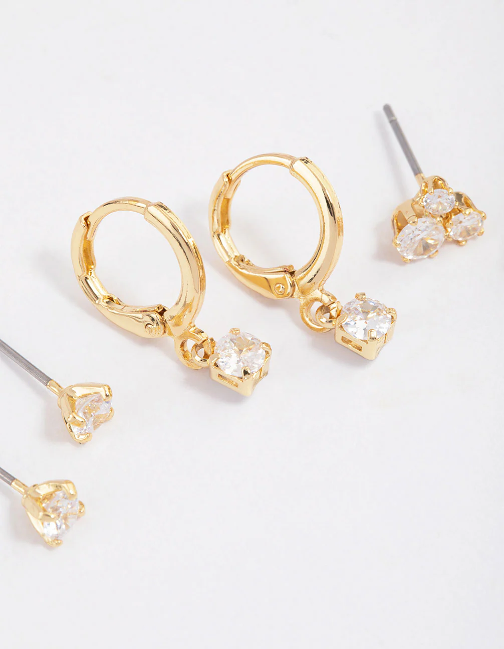 Gold Plated Brass Cubic Zirconia Trio Stud Earrings 6-Pack - Image 3