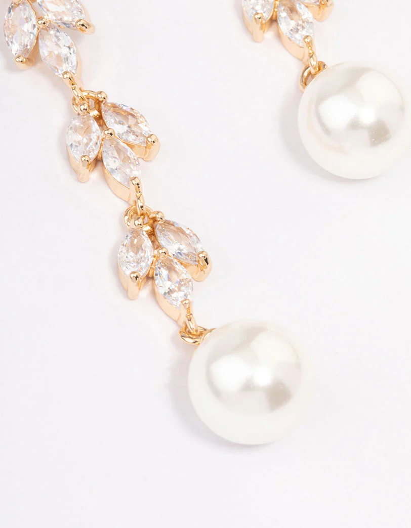 Gold Leaf Vine Pearl Drop Earrings - Image 2