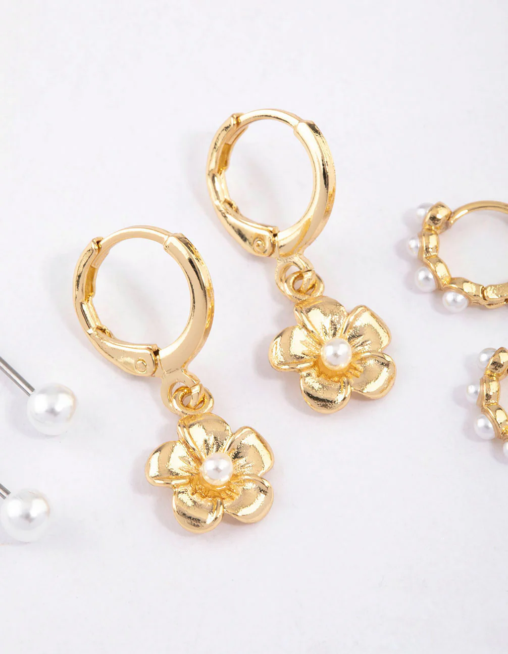 Gold Plated Brass Pearl Drop Flower Earrings 6-Pack - Image 3