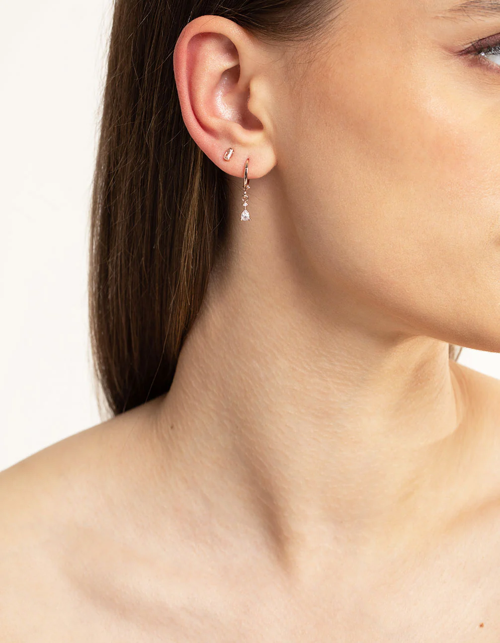 Rose Gold Plated Brass Crystal Pear Huggie Earrings 6-Pack - Image 2