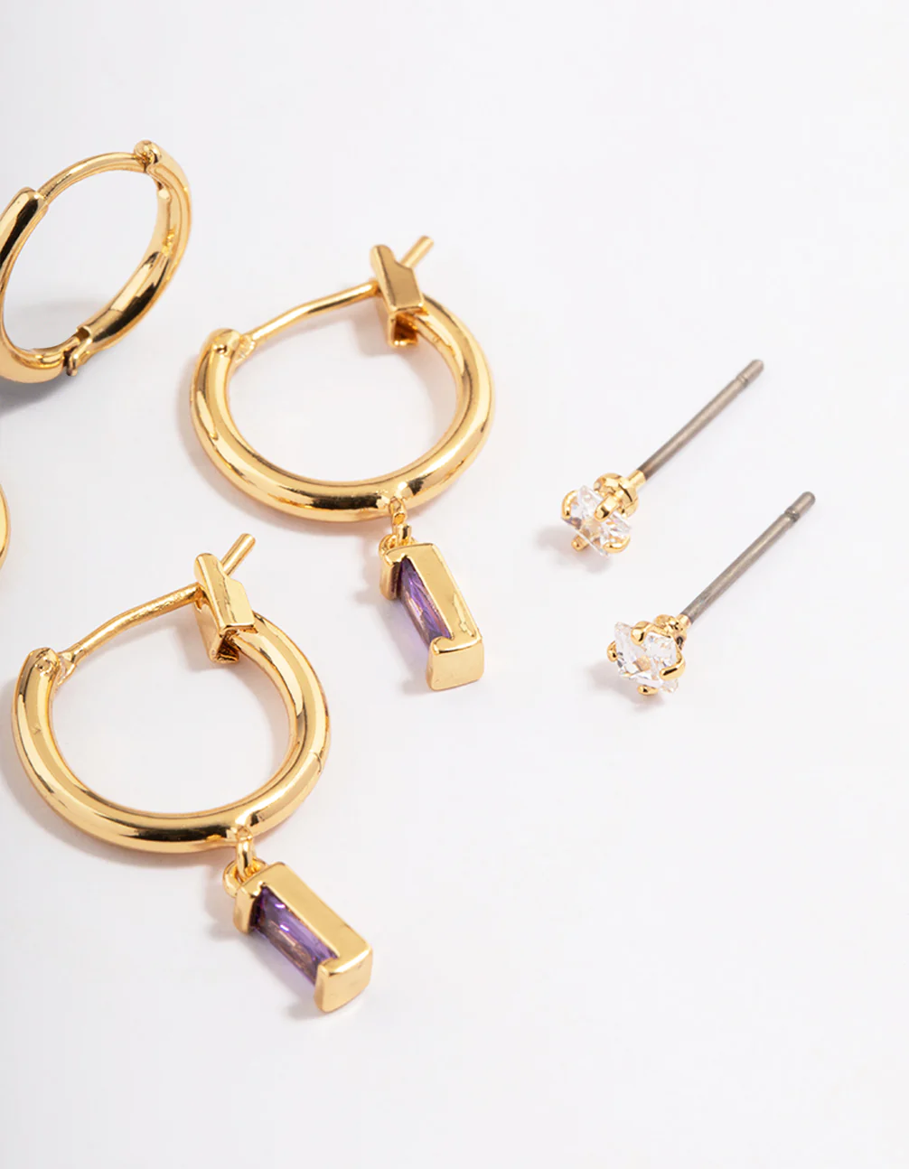 Gold Plated Brass Cubic Zirconia Amethyst Cut Huggie Earrings 6-Pack - Image 3