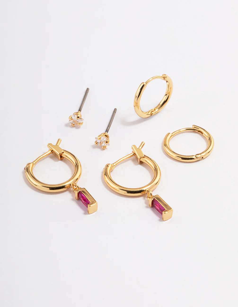 Gold Plated Brass Cubic Zirconia Fuschia Cut Hoop Earrings 6-Pack