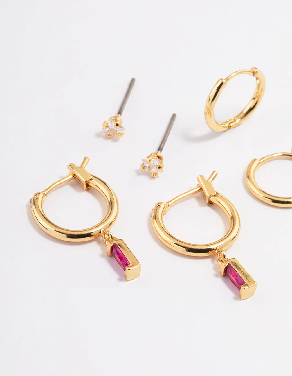 Gold Plated Brass Cubic Zirconia Fuschia Cut Hoop Earrings 6-Pack - Image 2