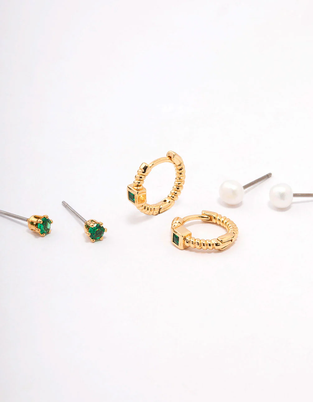 Gold Plated Brass Cubic Zirconia Huggie Pearl Earring 3-Pack - Image 2