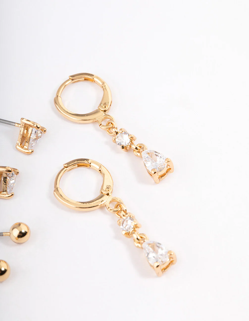 Gold Plated Brass Cubic Zirconia Triangle & Drop Earrings Pack - Image 3