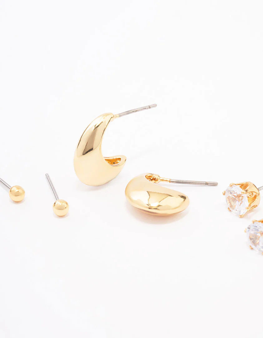 Gold Plated Brass Tapered Hoop Earrings 3-Pack - Image 2