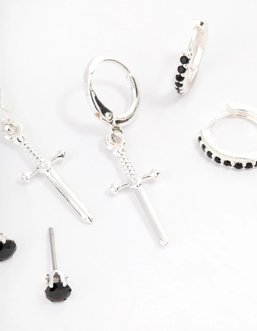 Silver Plated Brass  Cubic Zirconia Dagger Huggie Earrings Pack - Image 2