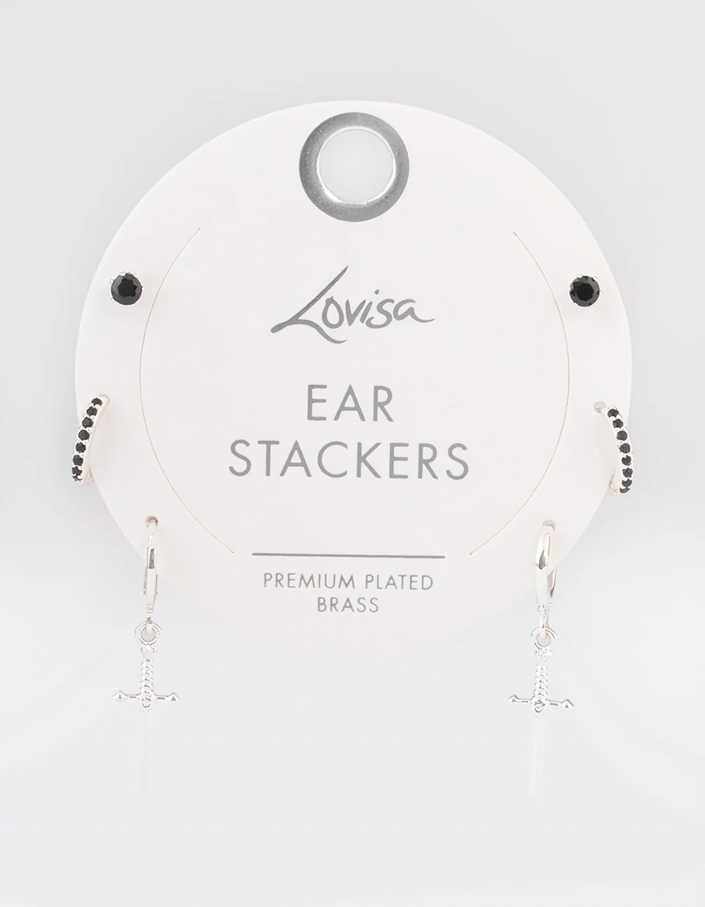 Silver Plated Brass  Cubic Zirconia Dagger Huggie Earrings Pack - Image 3
