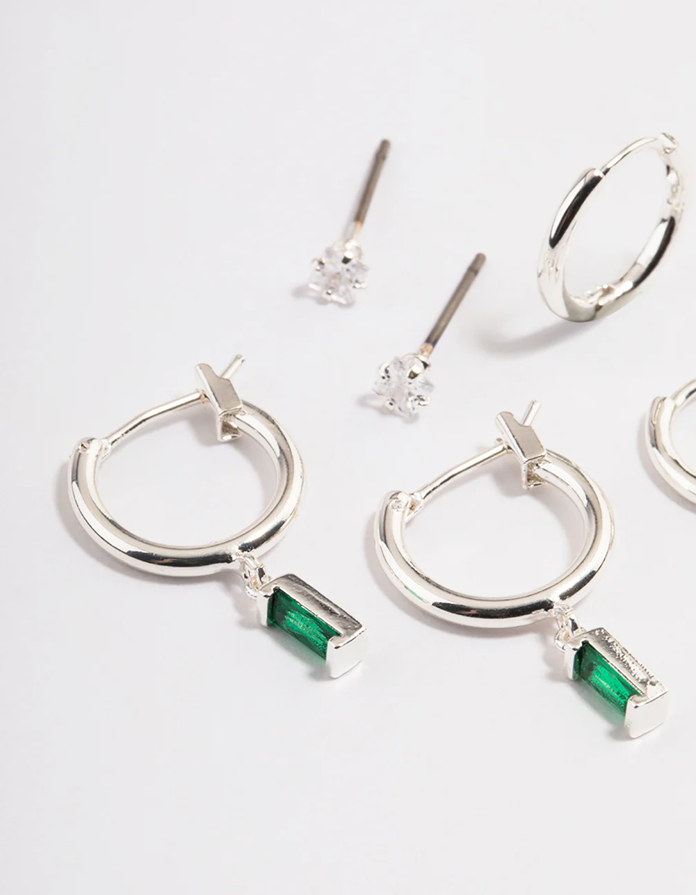 Silver Plated Brass  Cubic Zirconia Emerald Cut Huggie Earrings 6-Pack - Image 2