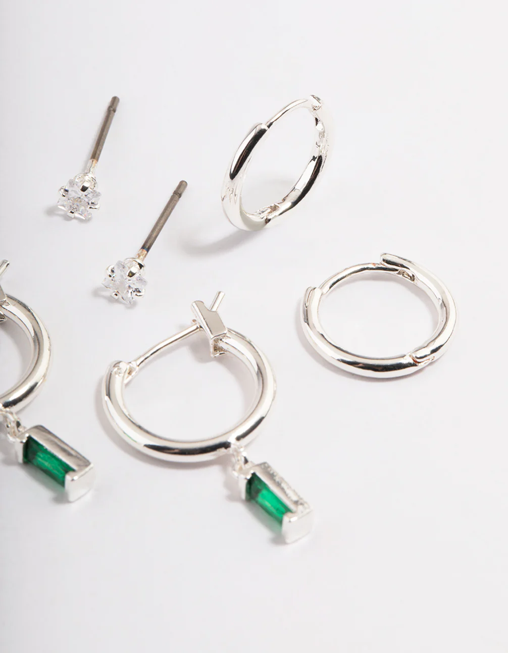 Silver Plated Brass  Cubic Zirconia Emerald Cut Huggie Earrings 6-Pack - Image 3