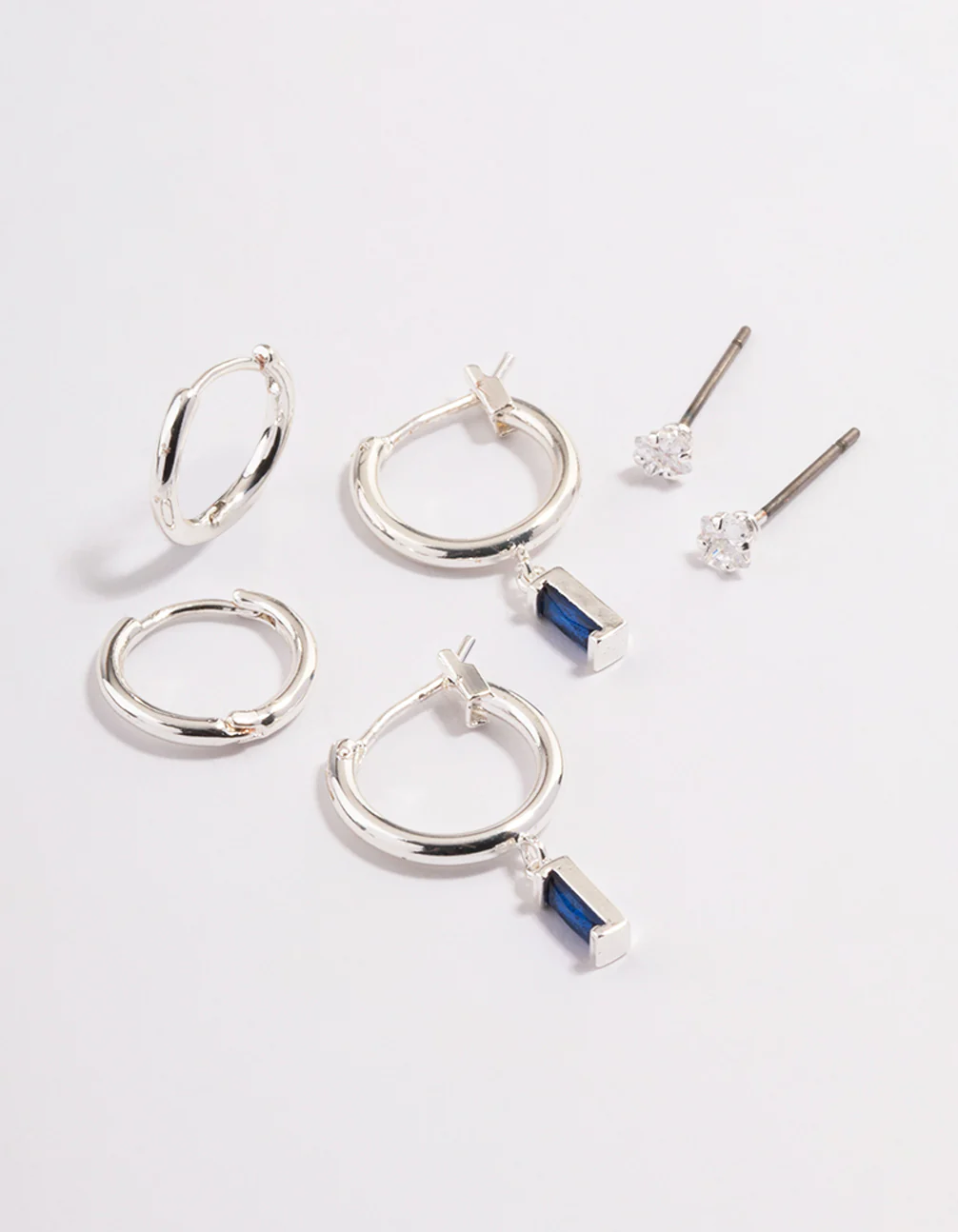 Silver Plated Brass  Cubic Zirconia Sapphire Cut Huggie Earrings 6-Pack - Image 4