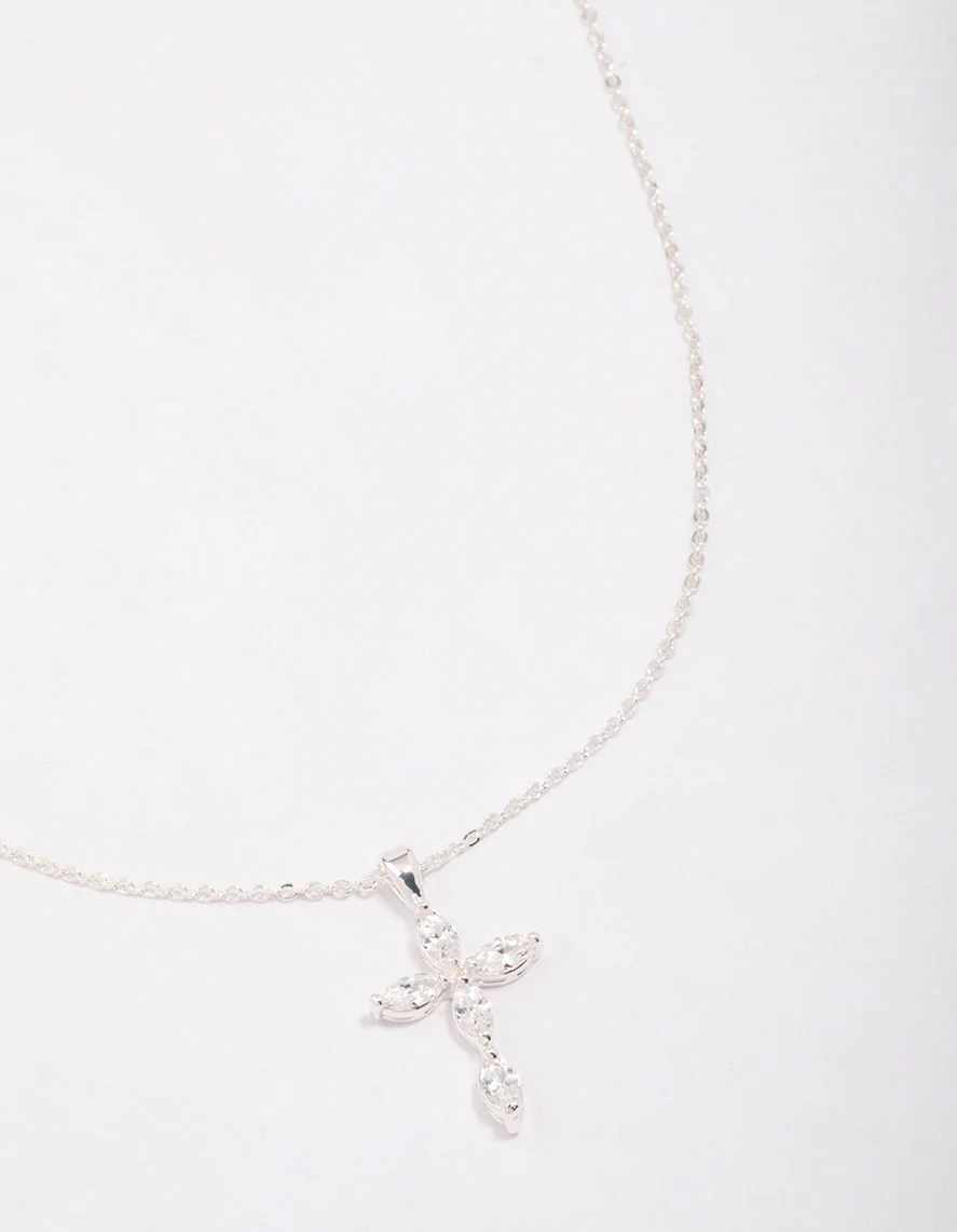 Silver Plated Brass Large Marquise Cross Pendant Necklace