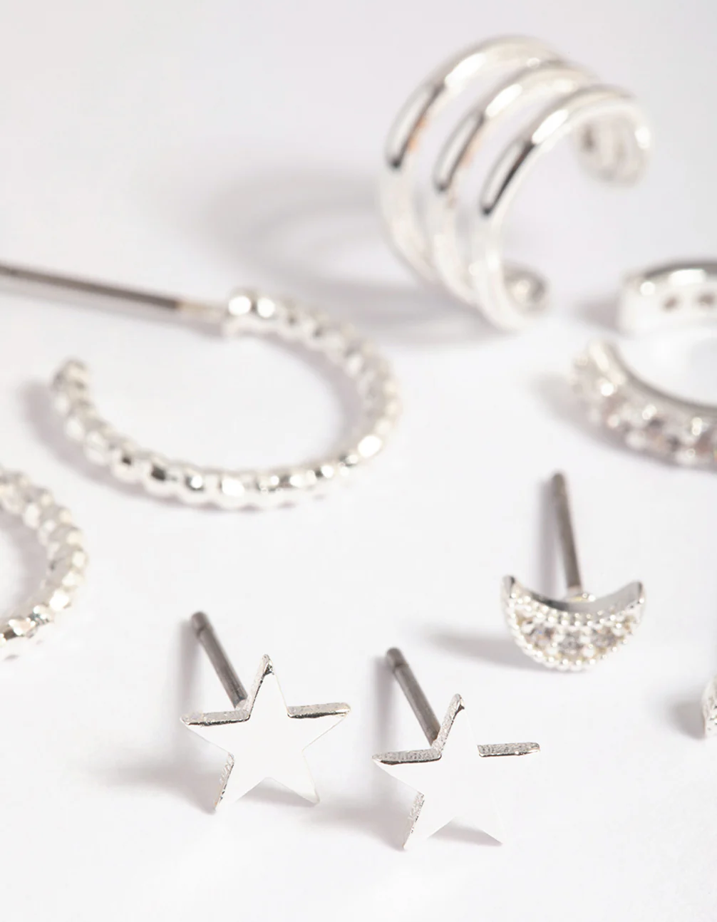 Silver Plated Brass  Star & Moon Stud Earring 8-Pack - Image 3