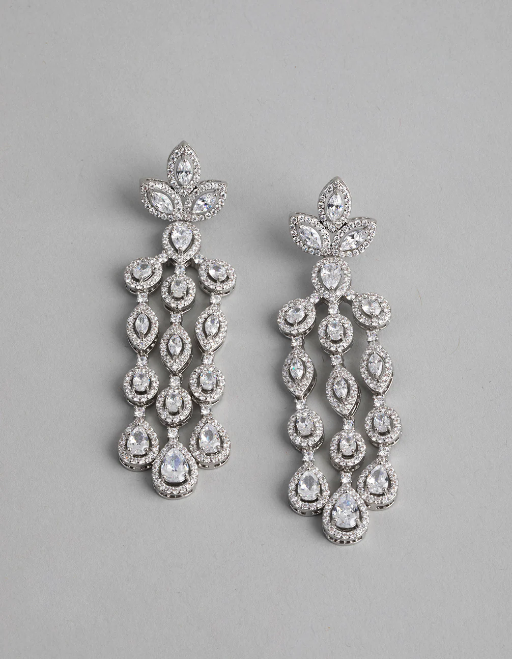 Silver Cubic Zirconia Triple Strand Drop Earrings