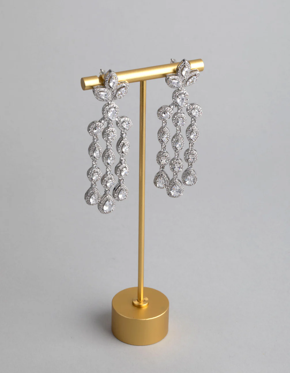 Silver Cubic Zirconia Triple Strand Drop Earrings - Image 2