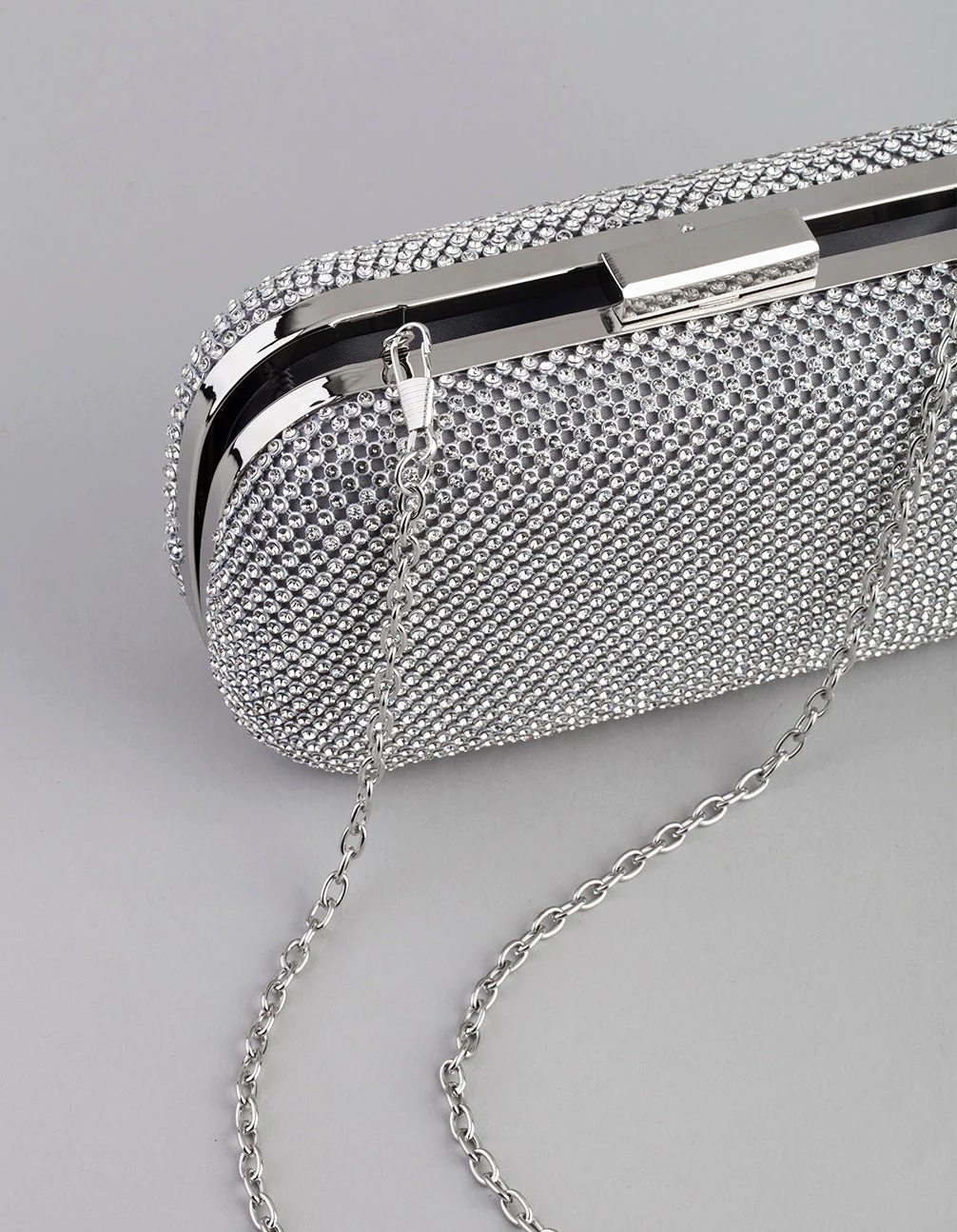 Silver Diamante Rounded Rectangular Clutch - Image 3