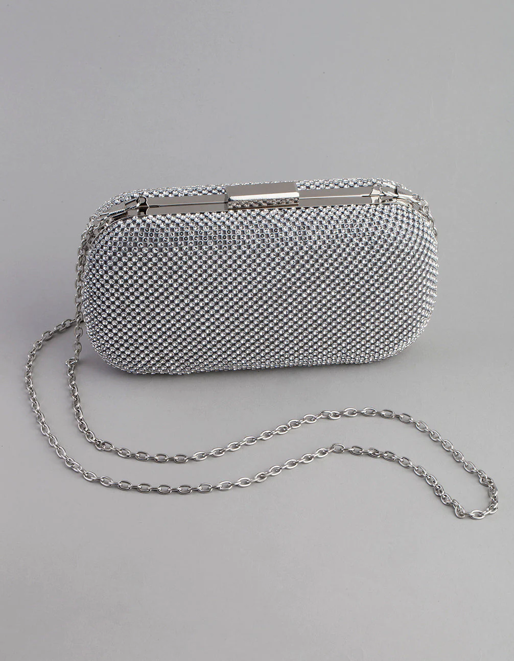 Silver Diamante Rounded Rectangular Clutch - Image 4