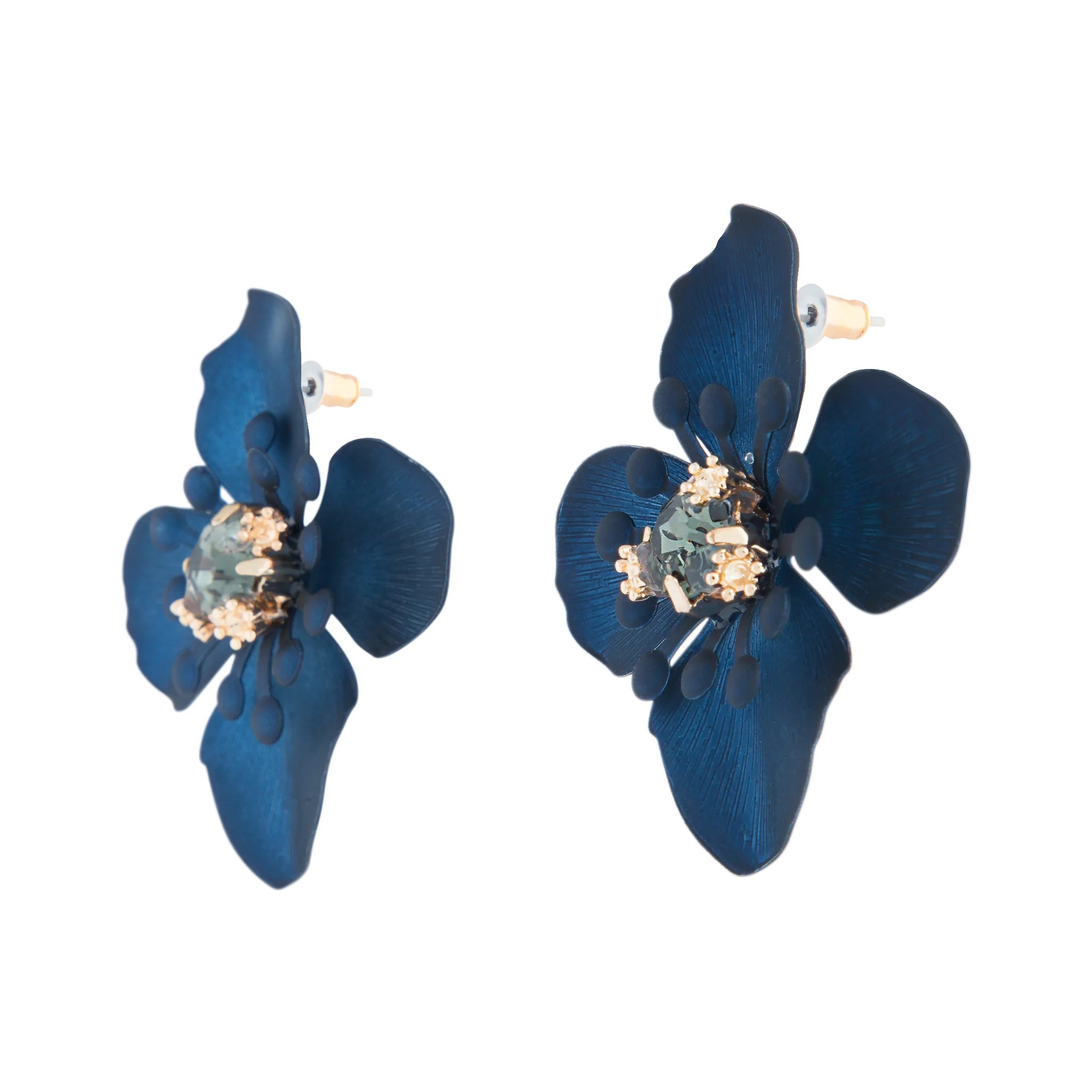 Navy Matte Coated Orchid Stud Earrings - Image 2