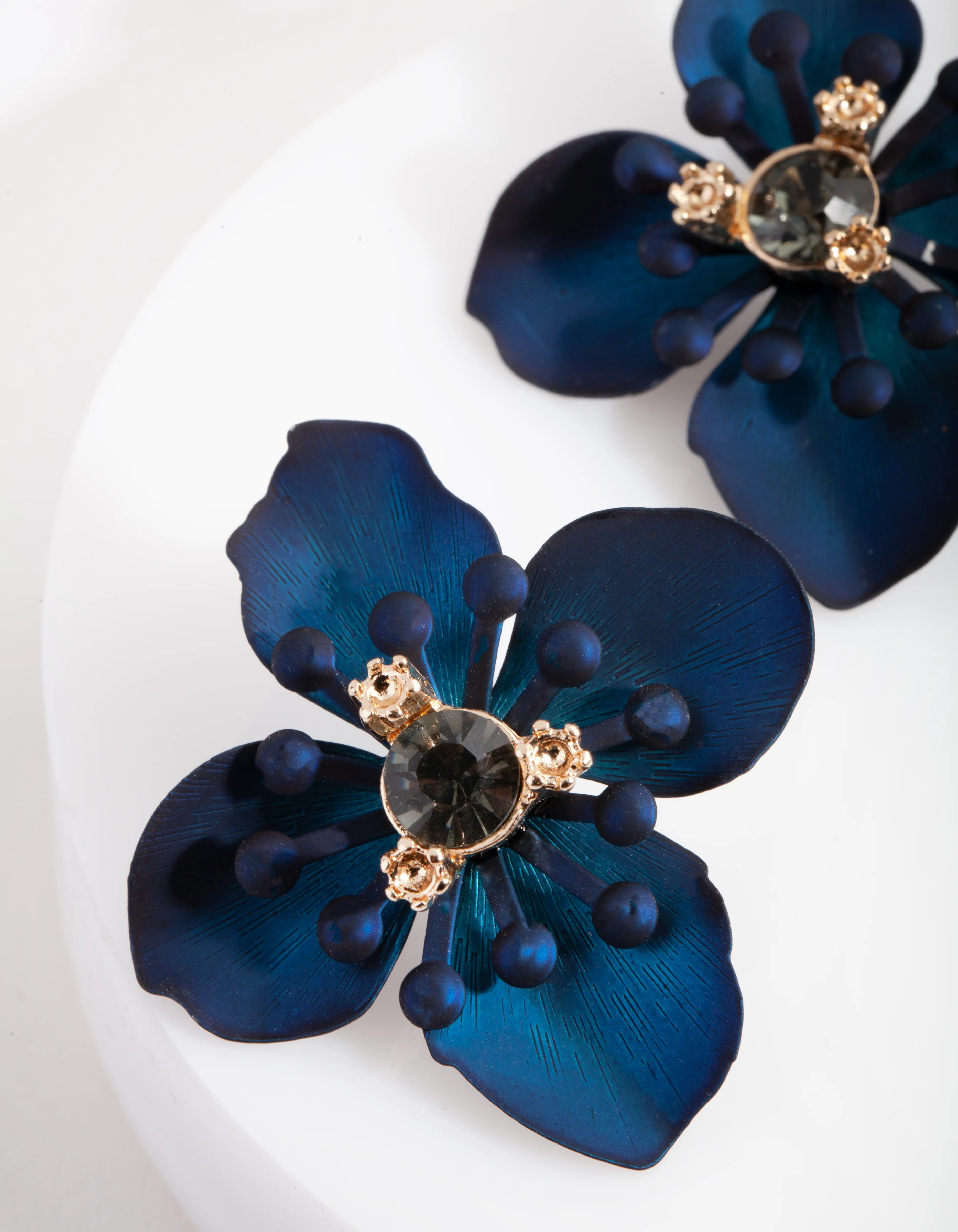 Navy Matte Coated Orchid Stud Earrings - Image 3