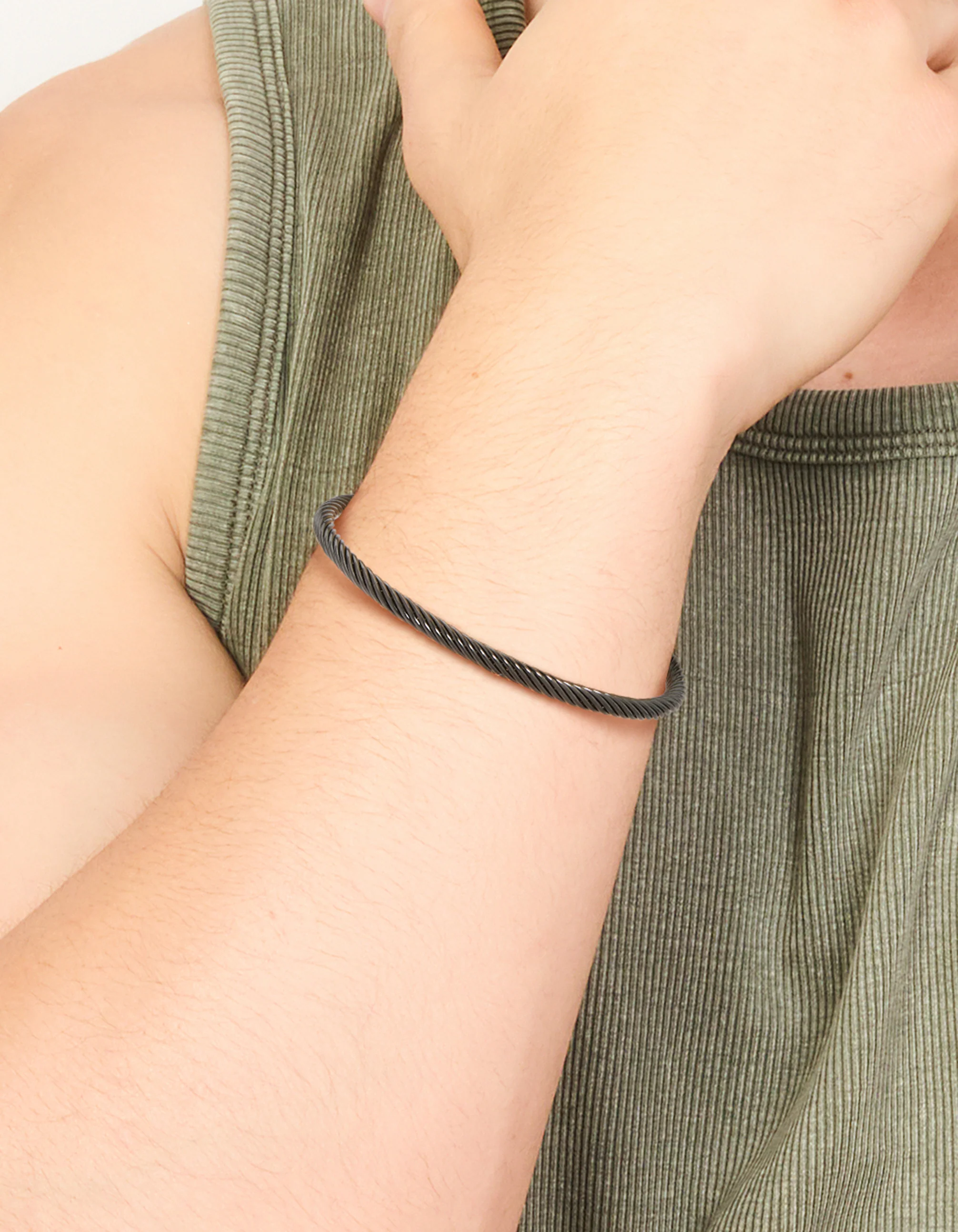 Mens Waterproof Black Stainless Steel Wire Twisted Wrist Cuff - Image 2