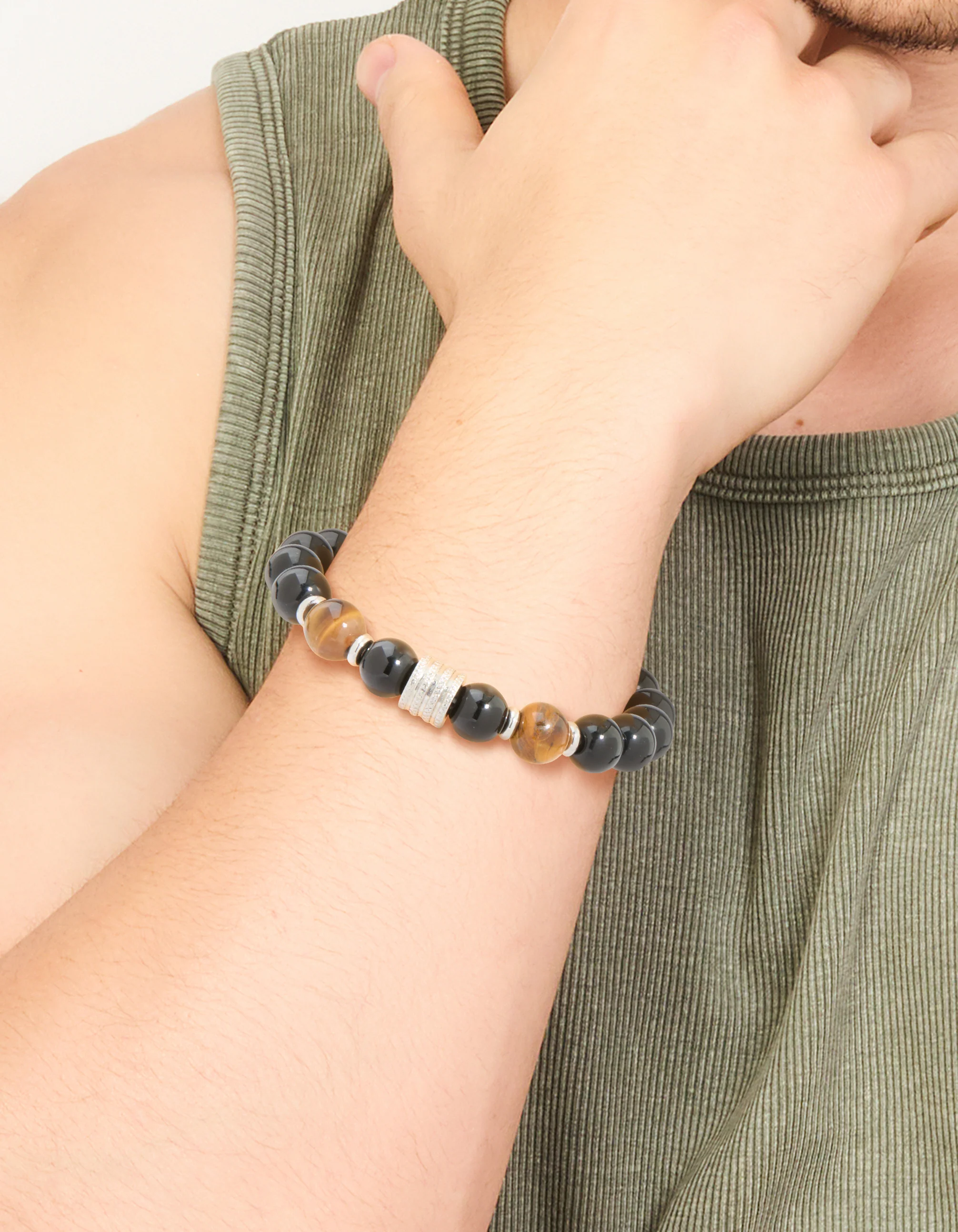 Mens Waterproof Stainless Steel Large Beaded Stretch Bracelet - Image 2