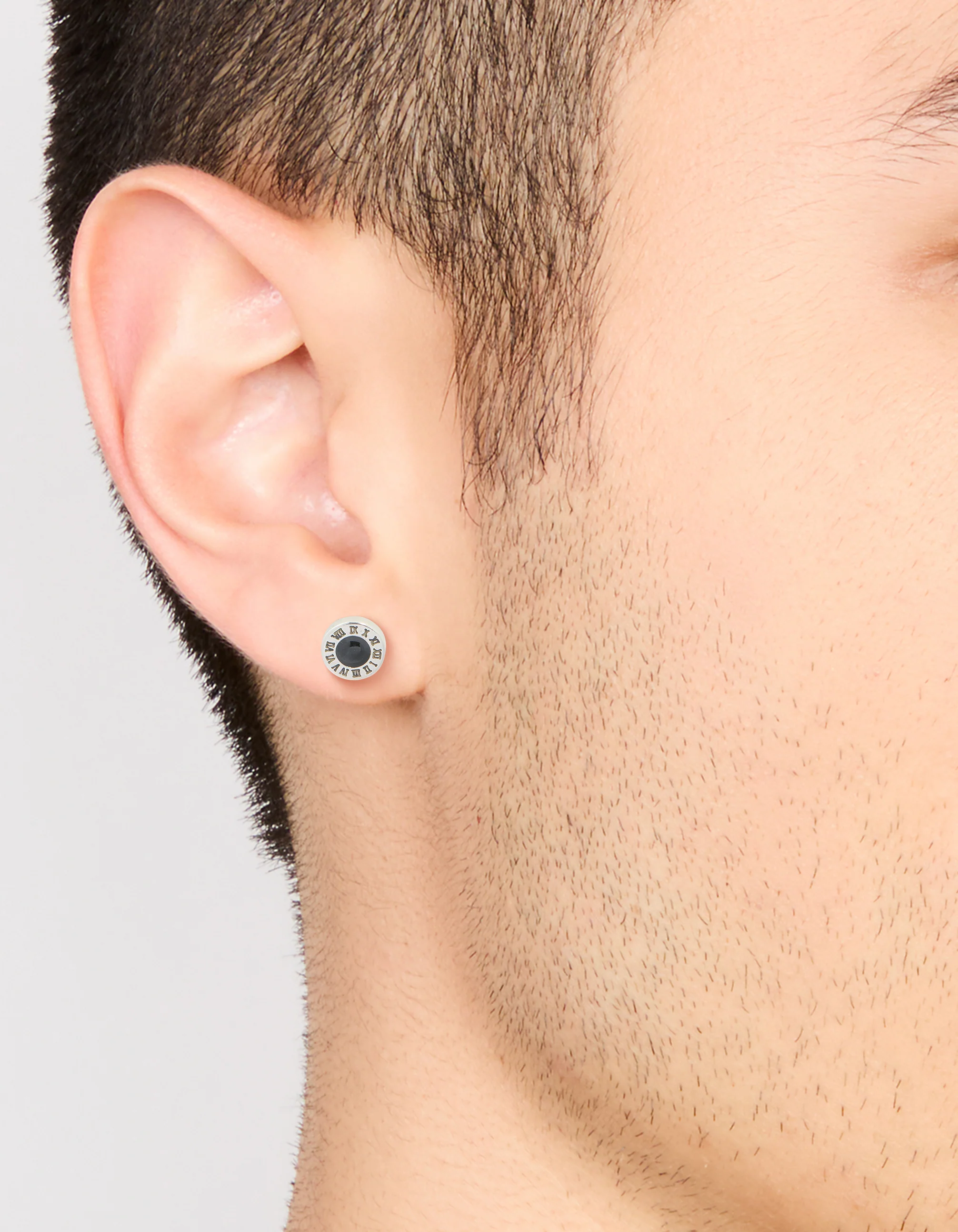 Mens Waterproof Stainless Steel Roman Numeral Round Stud Earrings - Image 2