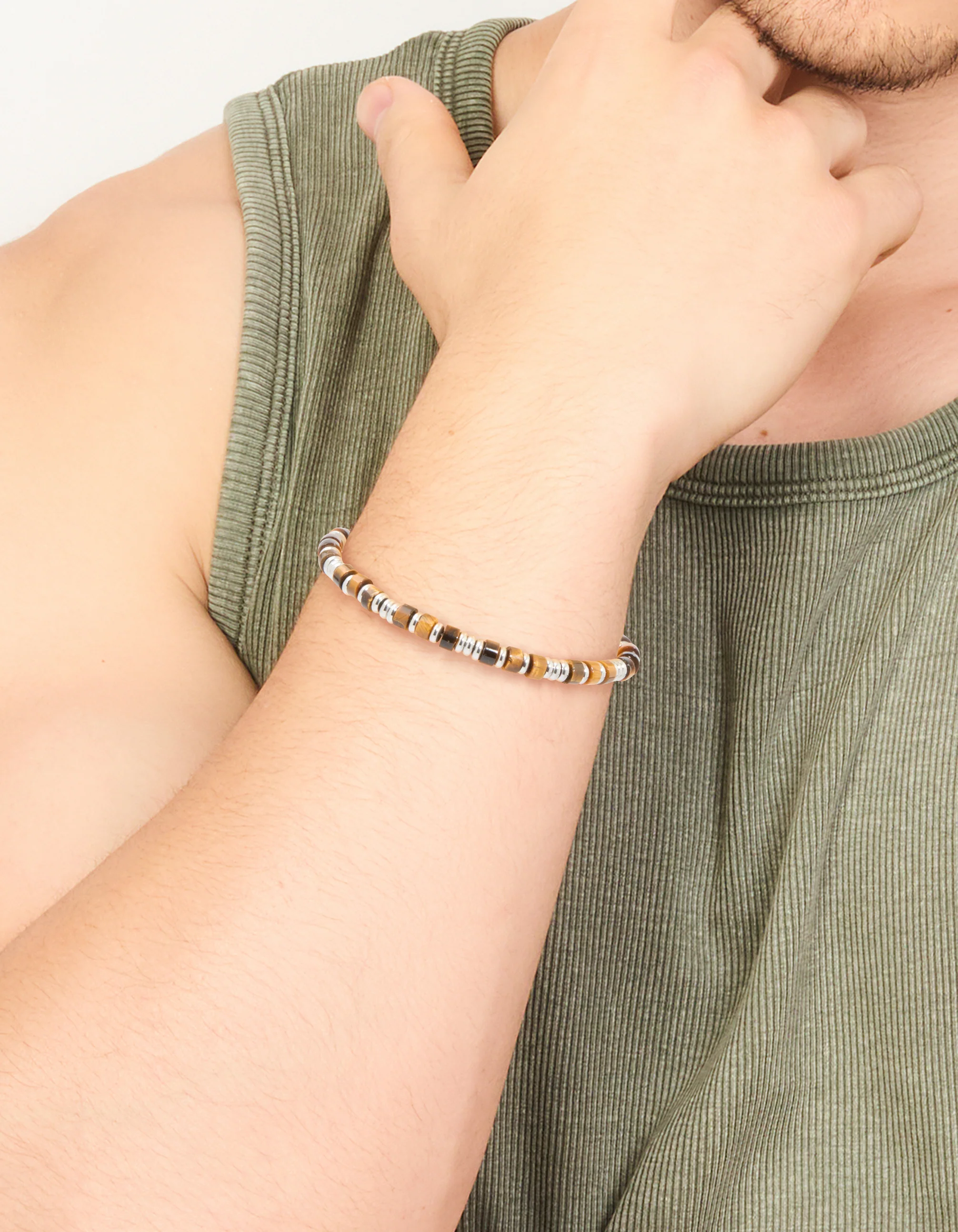 Mens Waterproof Stainless Steel Semi Precious Tiger's Eye Beaded Bracelet - Image 2