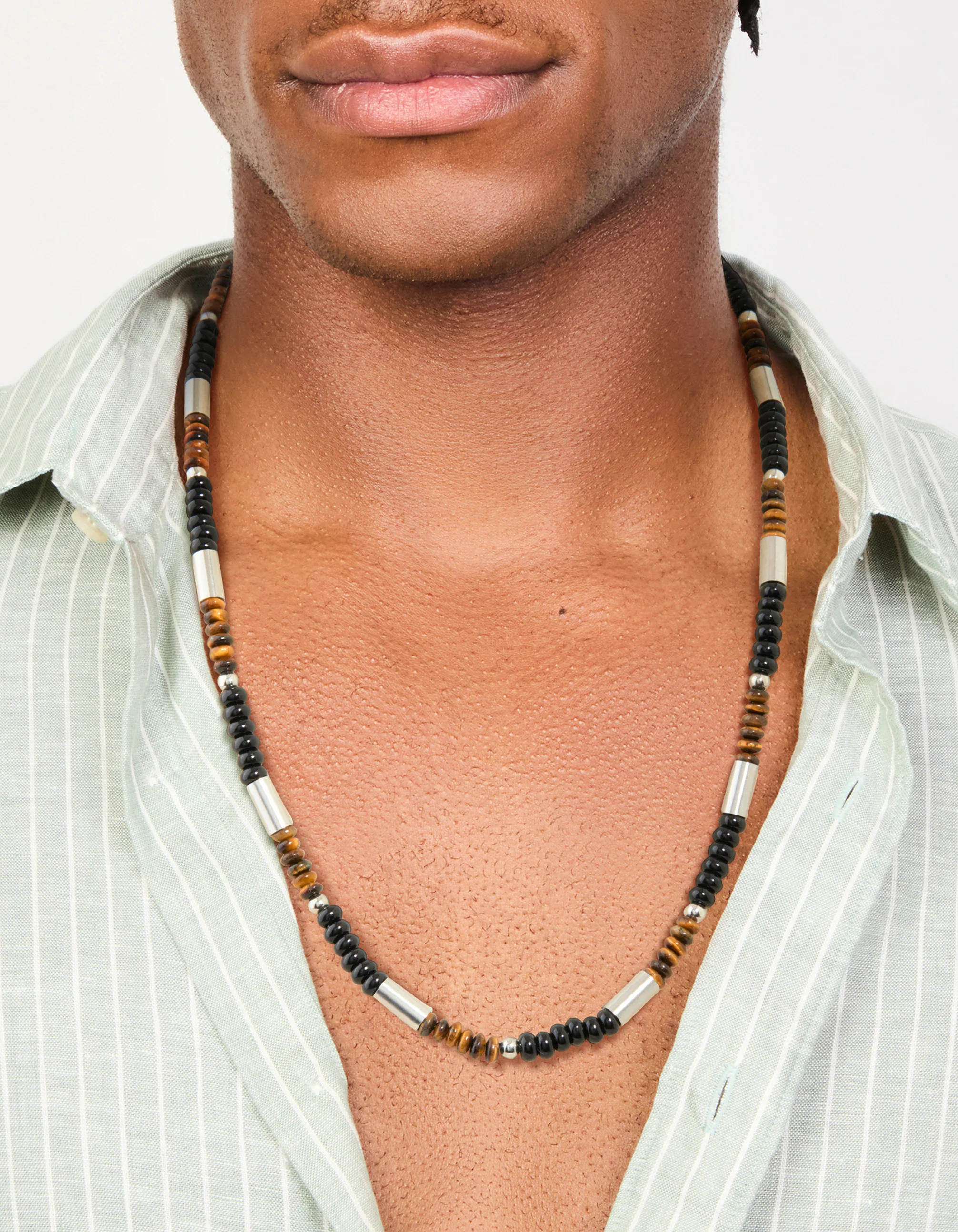 Mens Waterproof Stainless Steel Tigers Eye Semi Precious Stone & Black Beaded Necklace - Image 2