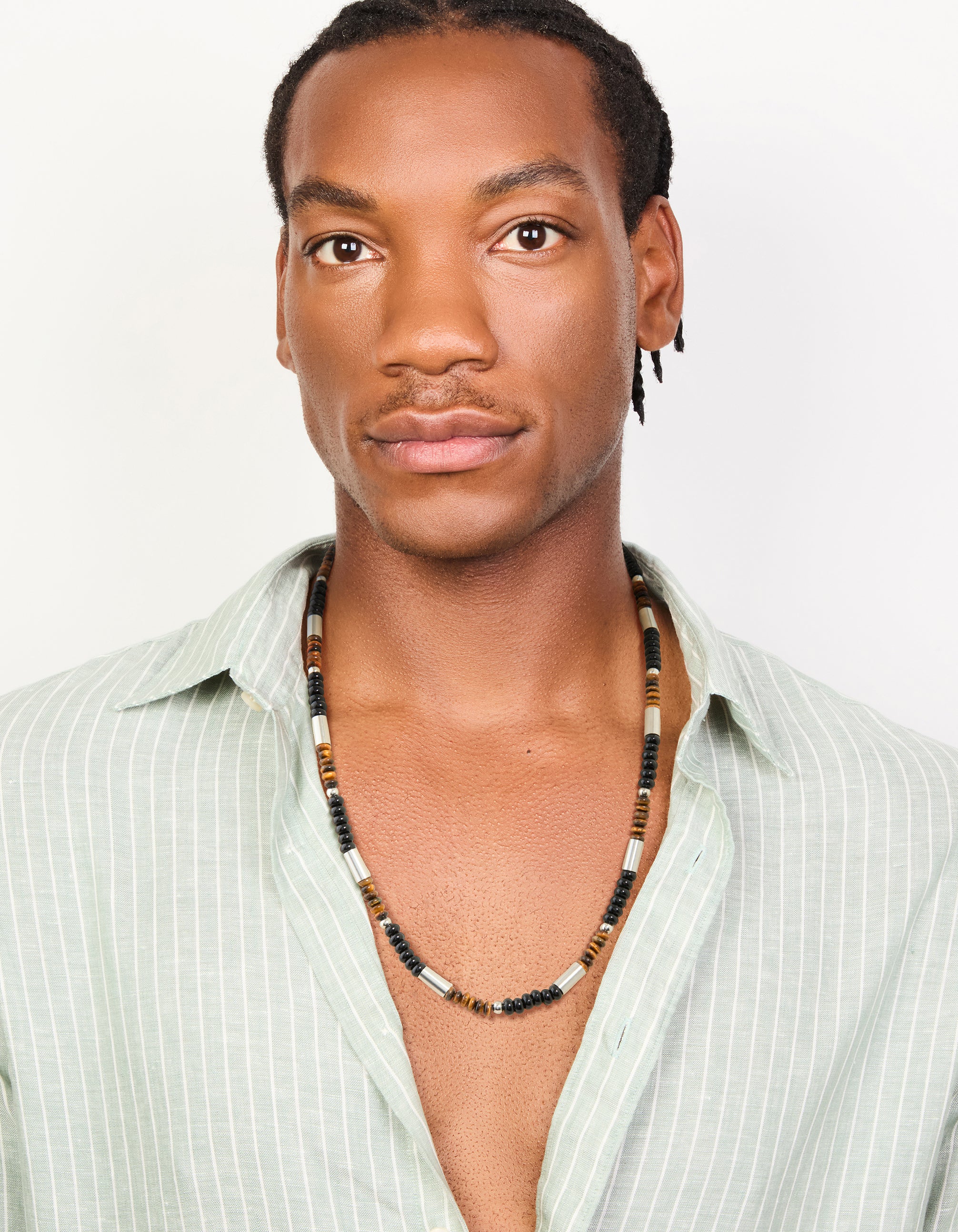 Mens Waterproof Stainless Steel Tigers Eye Semi Precious Stone & Black Beaded Necklace - Image 3