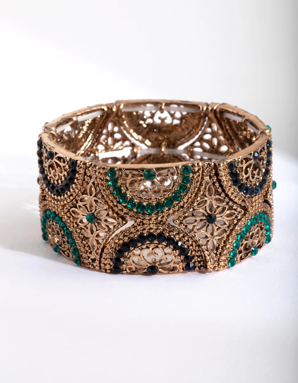 Antique Gold Green Filigree Diamante Stretch Bracelet - Image 2