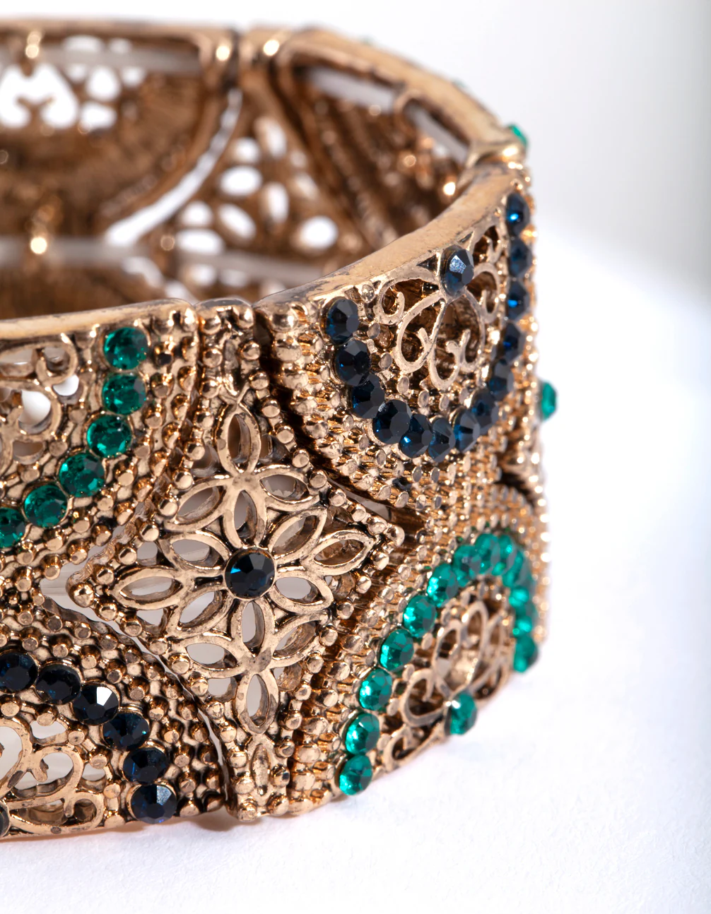 Antique Gold Green Filigree Diamante Stretch Bracelet - Image 3