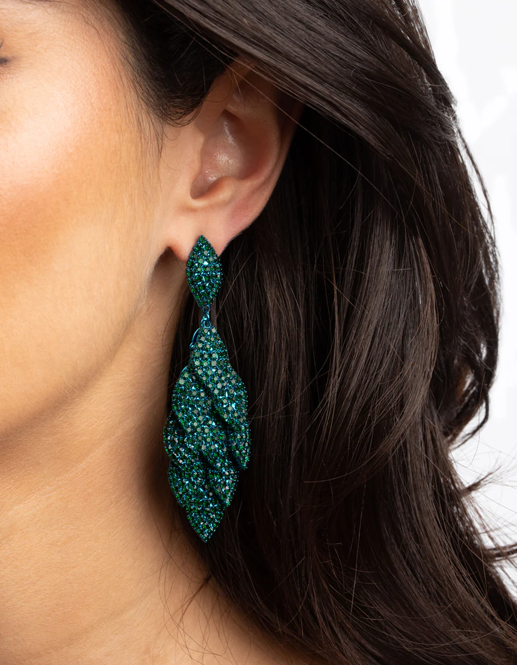 Matte Green Diamante Leaf Earrings - Image 2