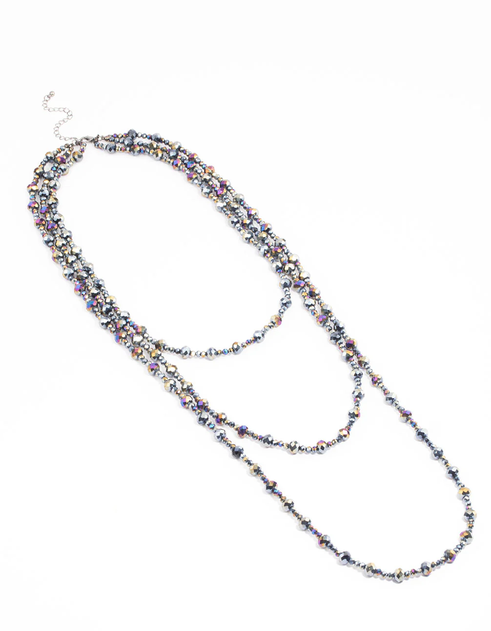 Gunmetal Triple Row Beaded & Facet Layered Necklace - Image 2