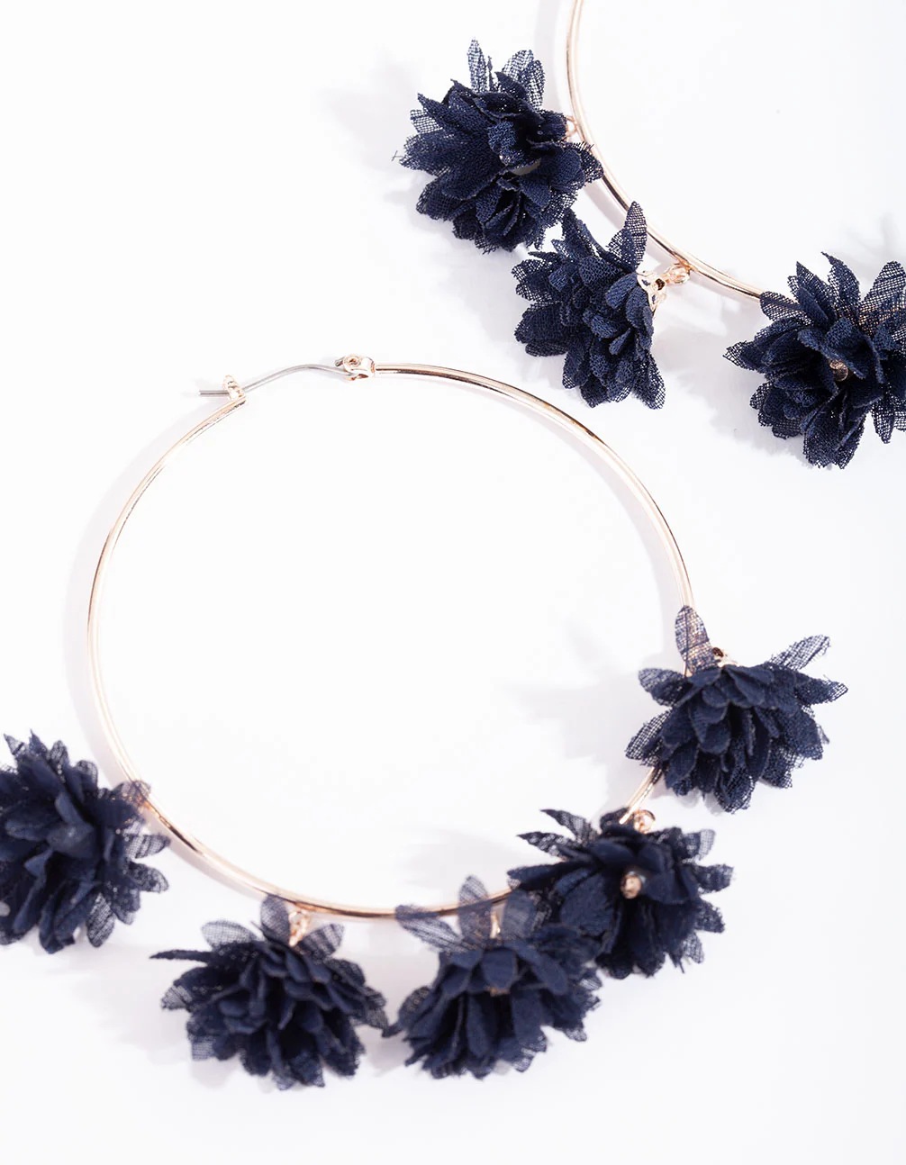 Navy Fabric Flower Hoop Earrings - Image 3