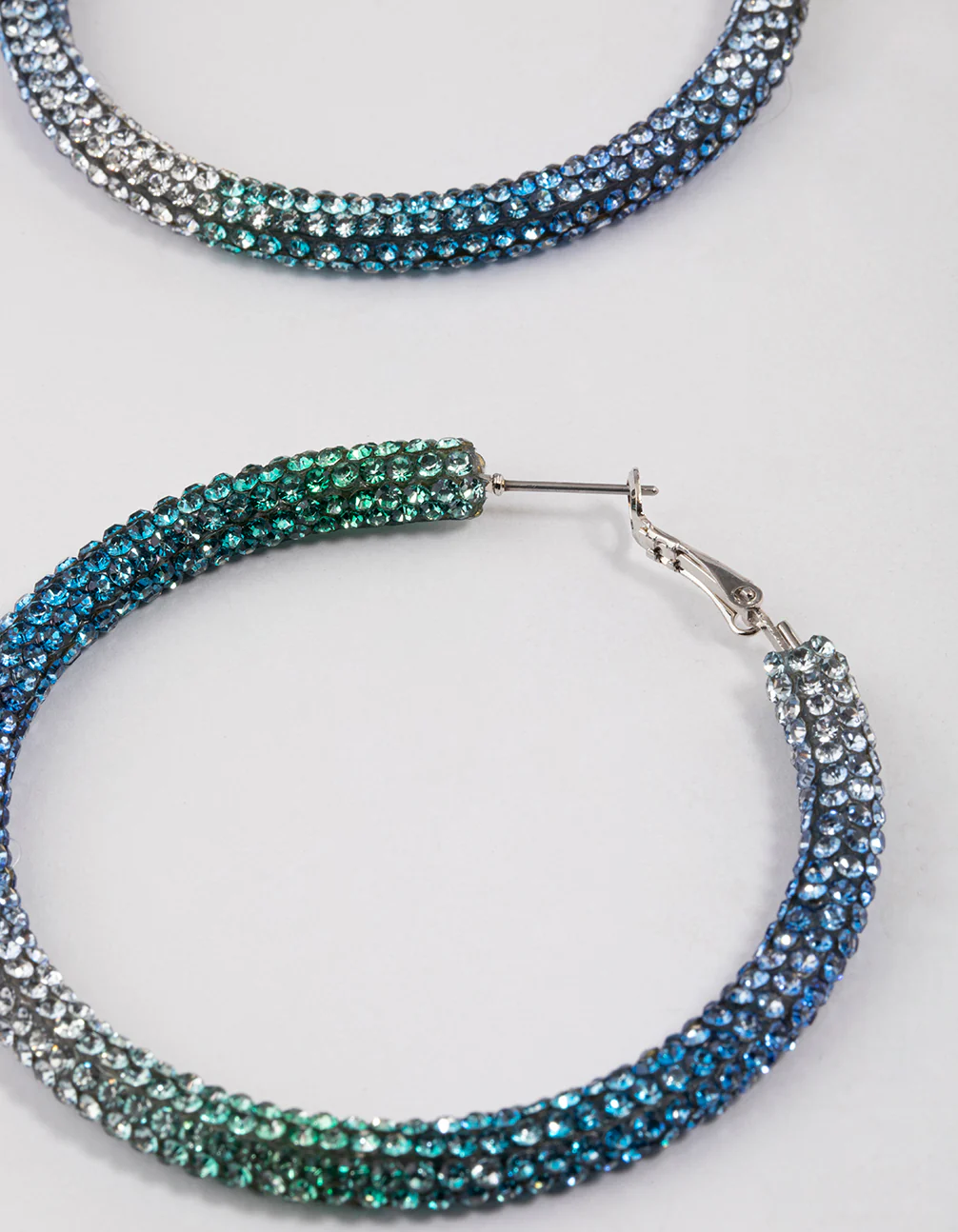 Silver Blue Jet Crusted Hoop Earrings - Image 2