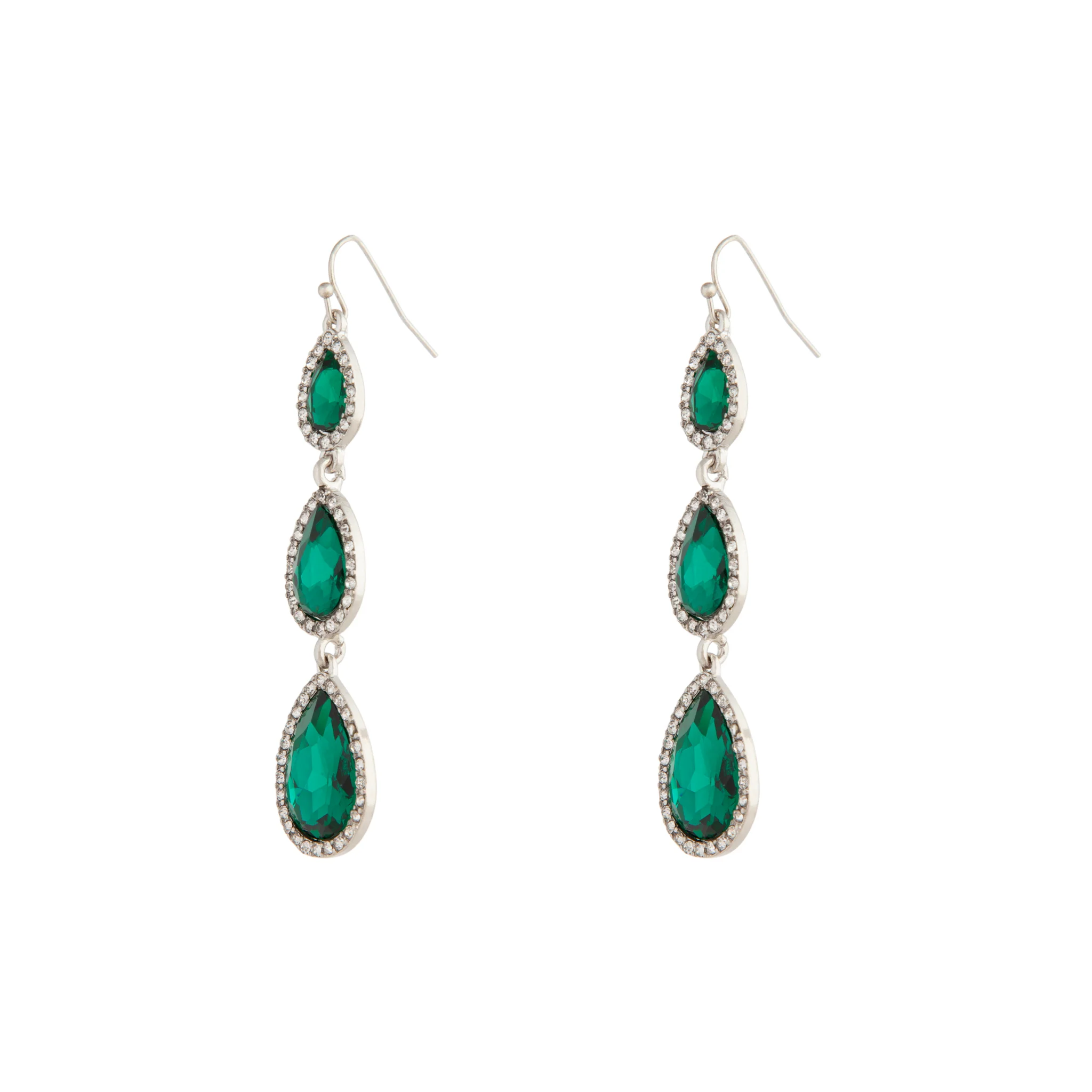 Silver Green Graduated Teardrop Diamante Earrings - Image 2