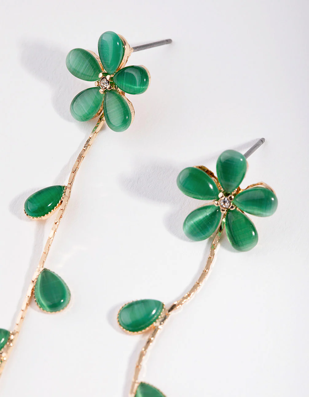 Gold & Teal Flower Vine Drop Earrings - Image 2