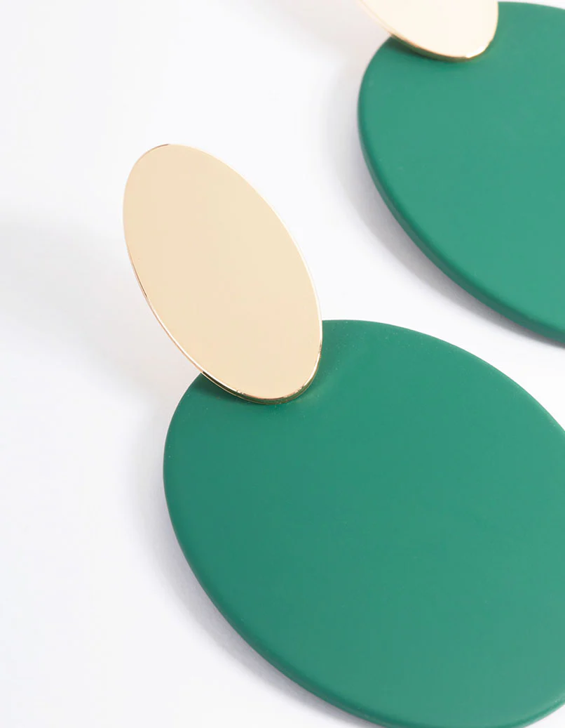 Gold Oval Teal Disc Drop Earrings - Image 2