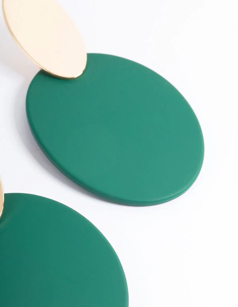 Gold Oval Teal Disc Drop Earrings - Image 3