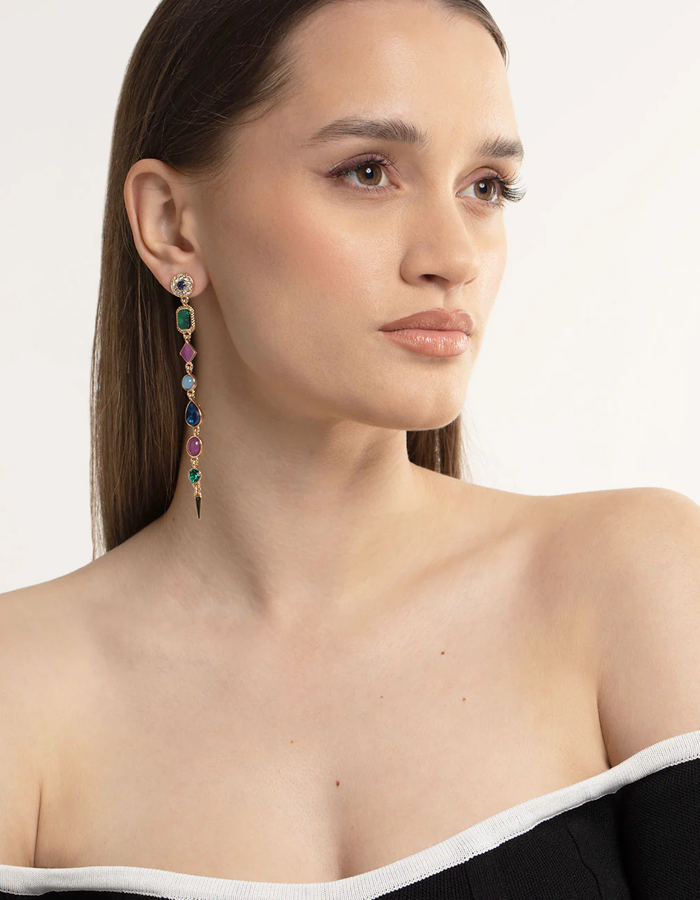 Gold Long Mixed Stone Drop Earrings - Image 2
