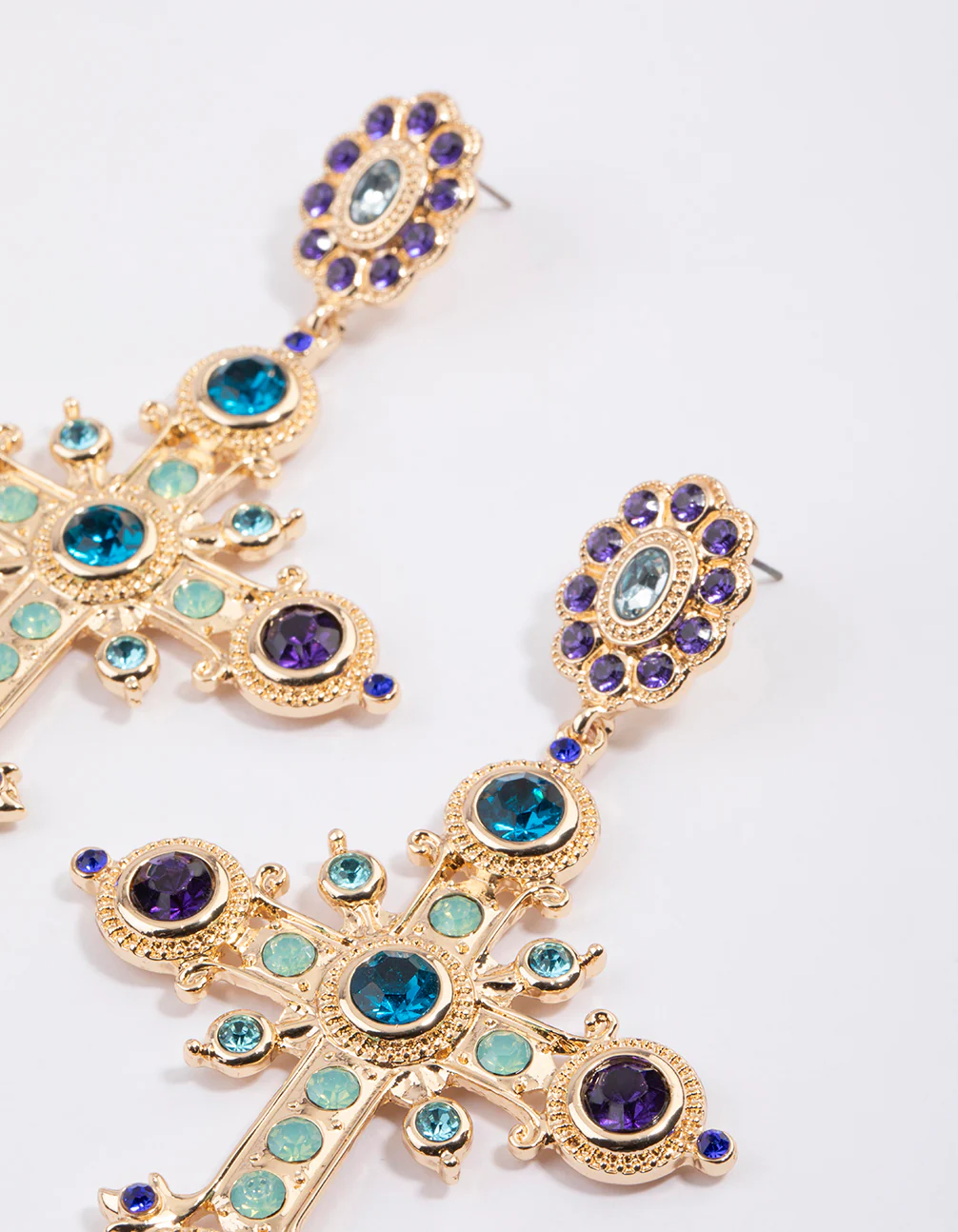 Gold Multi Cross Stone Drop Earrings - Image 2